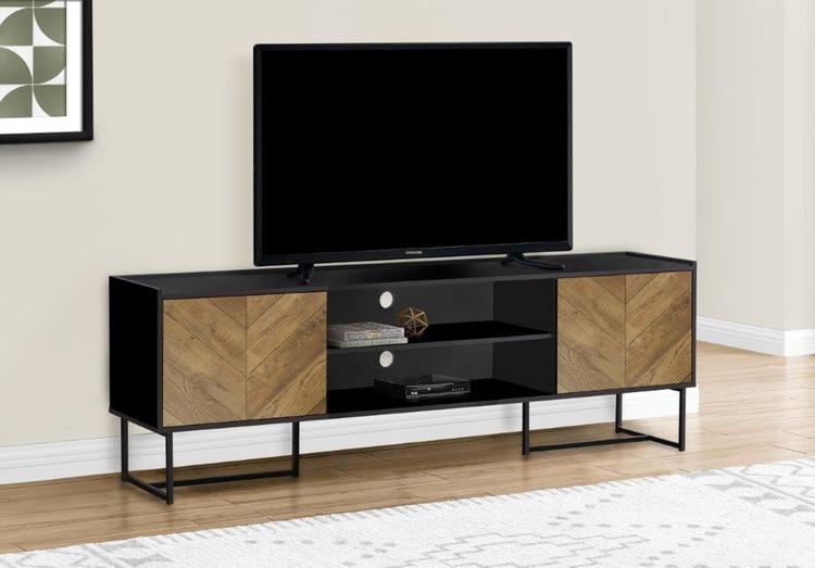 Monarch Specialties I 2752 | Meuble pour téléviseur 72'' - Base de métal noir - Avec 2 portes simili-bois-Sonxplus Drummondville